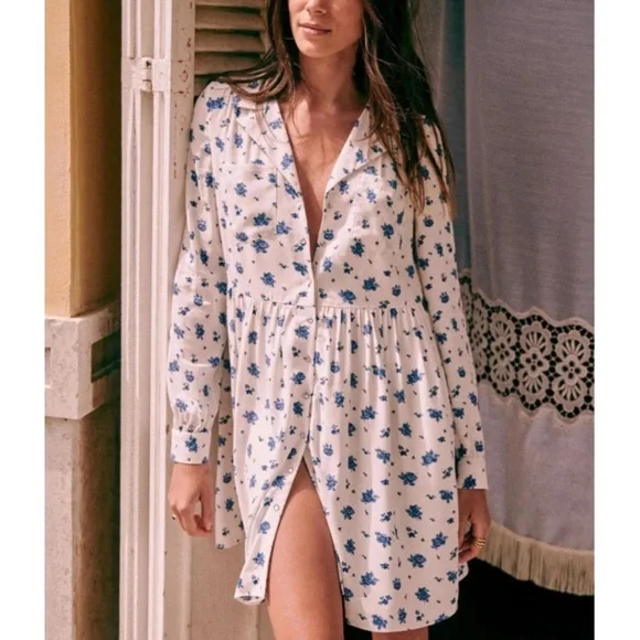 Sézane Aurora Mini Dress in Roses Bleues Floral Long Sleeve Prairie - Picture 15 of 15